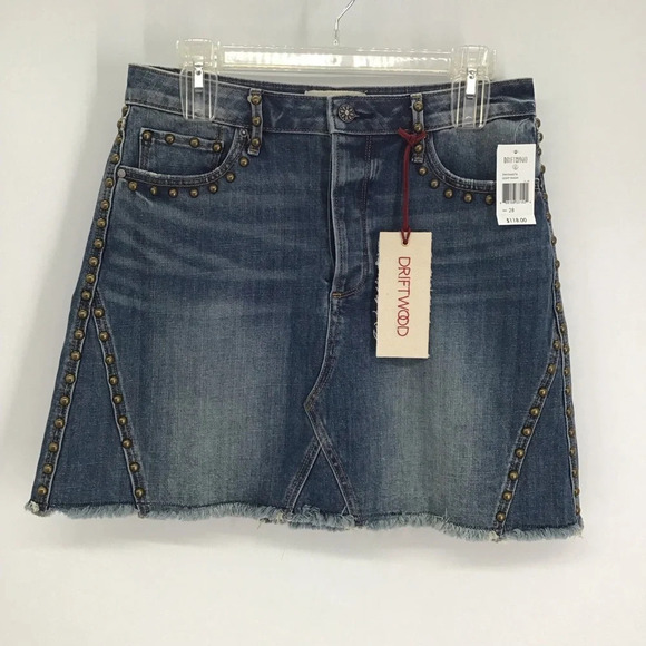 Driftwood Stef Frayed Hem Studded Denim Mini Skirt Button-Up Blue NWT Size 28 - Picture 1 of 7